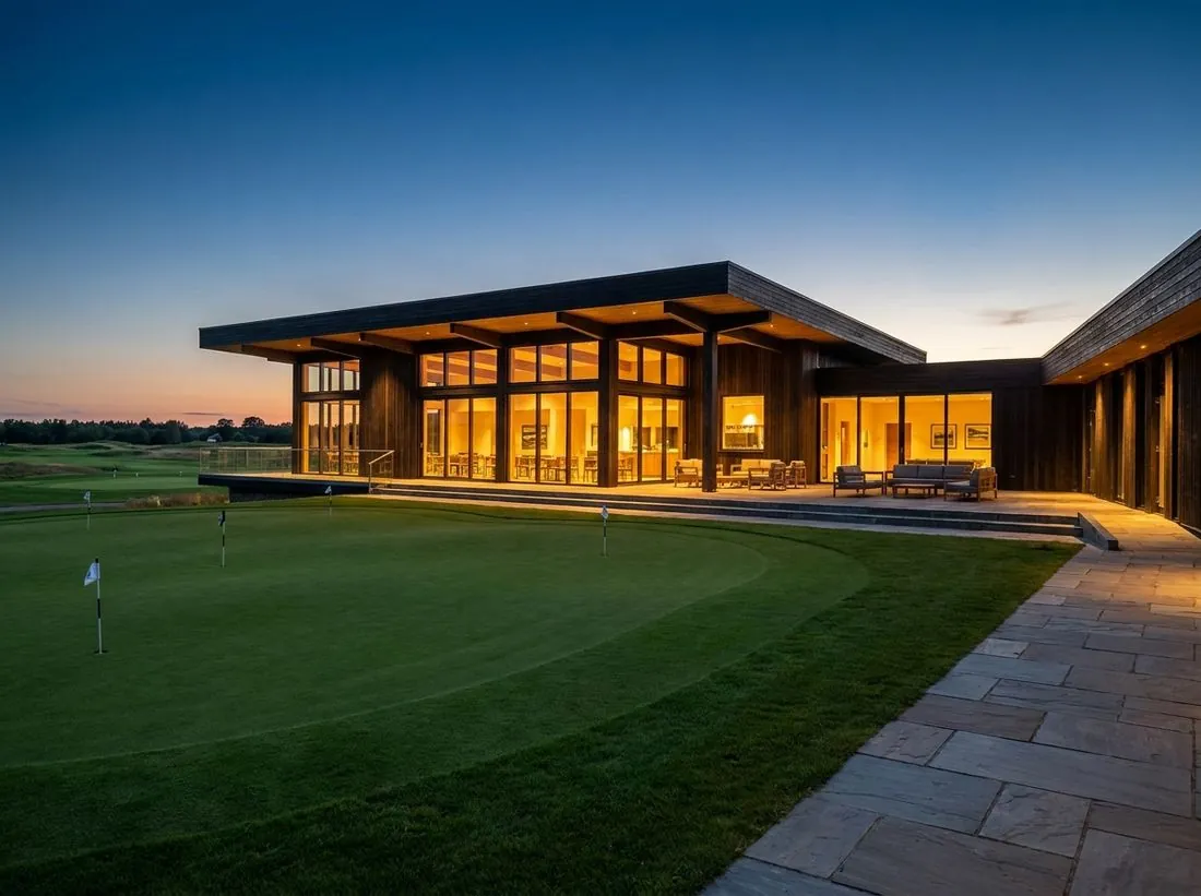 Clubhouse com putting green sintético executado pela AWTEC Golf