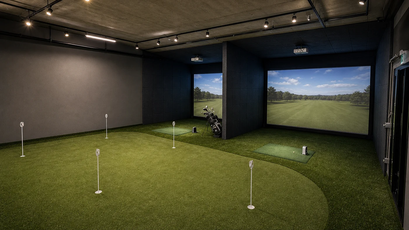 Simuladores duplos e putting green interno — Golf Center Floripa