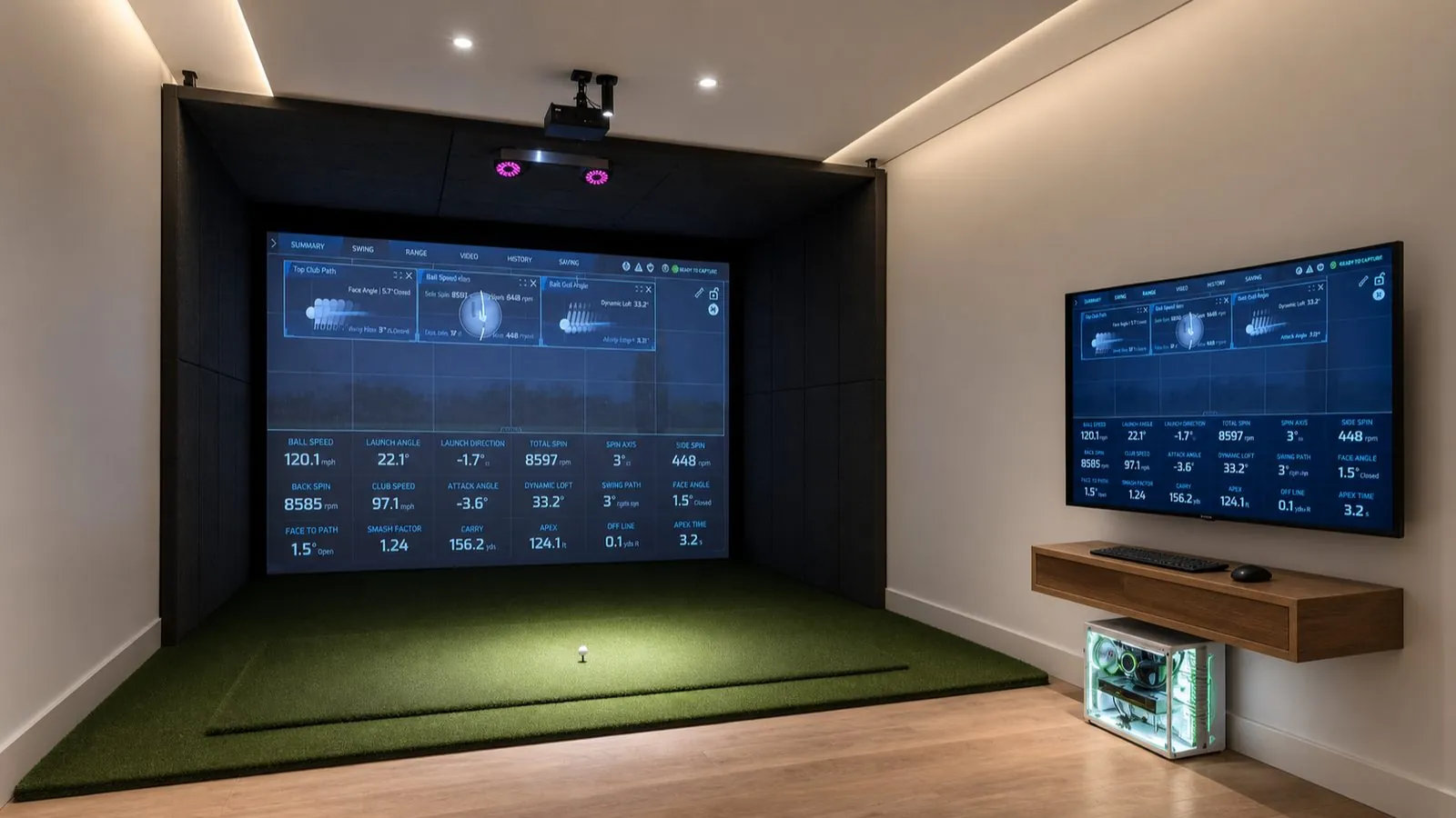 Simulador de golfe indoor equipado com ProTee VX e câmeras de swing no teto